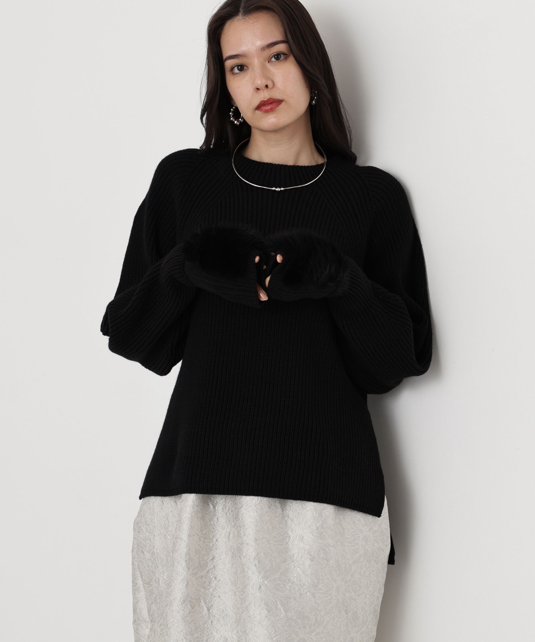  「◆ファーグローブ付き畦ニットプルオーバー」|ニット・セーター|