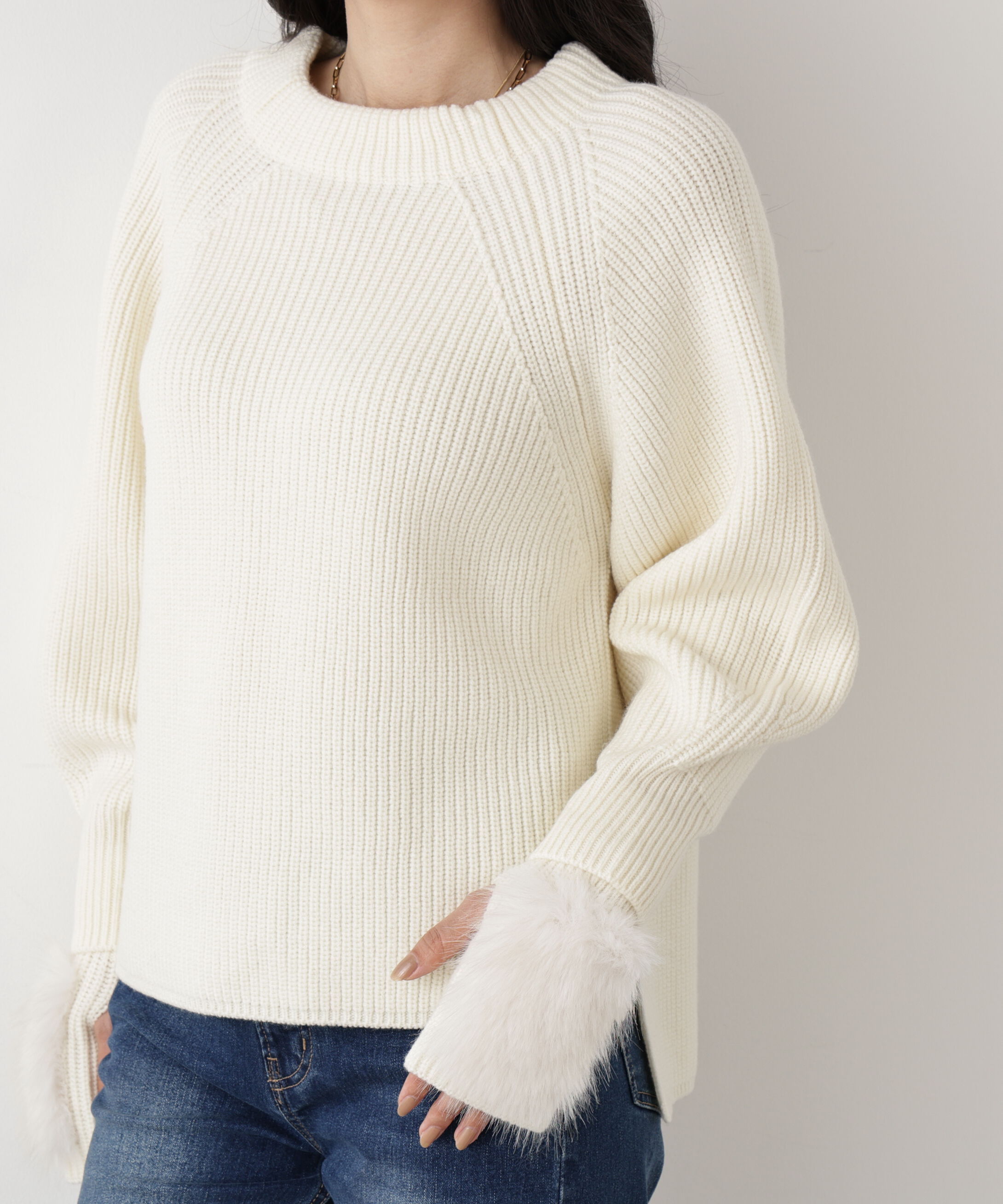  「◆ファーグローブ付き畦ニットプルオーバー」|ニット・セーター|