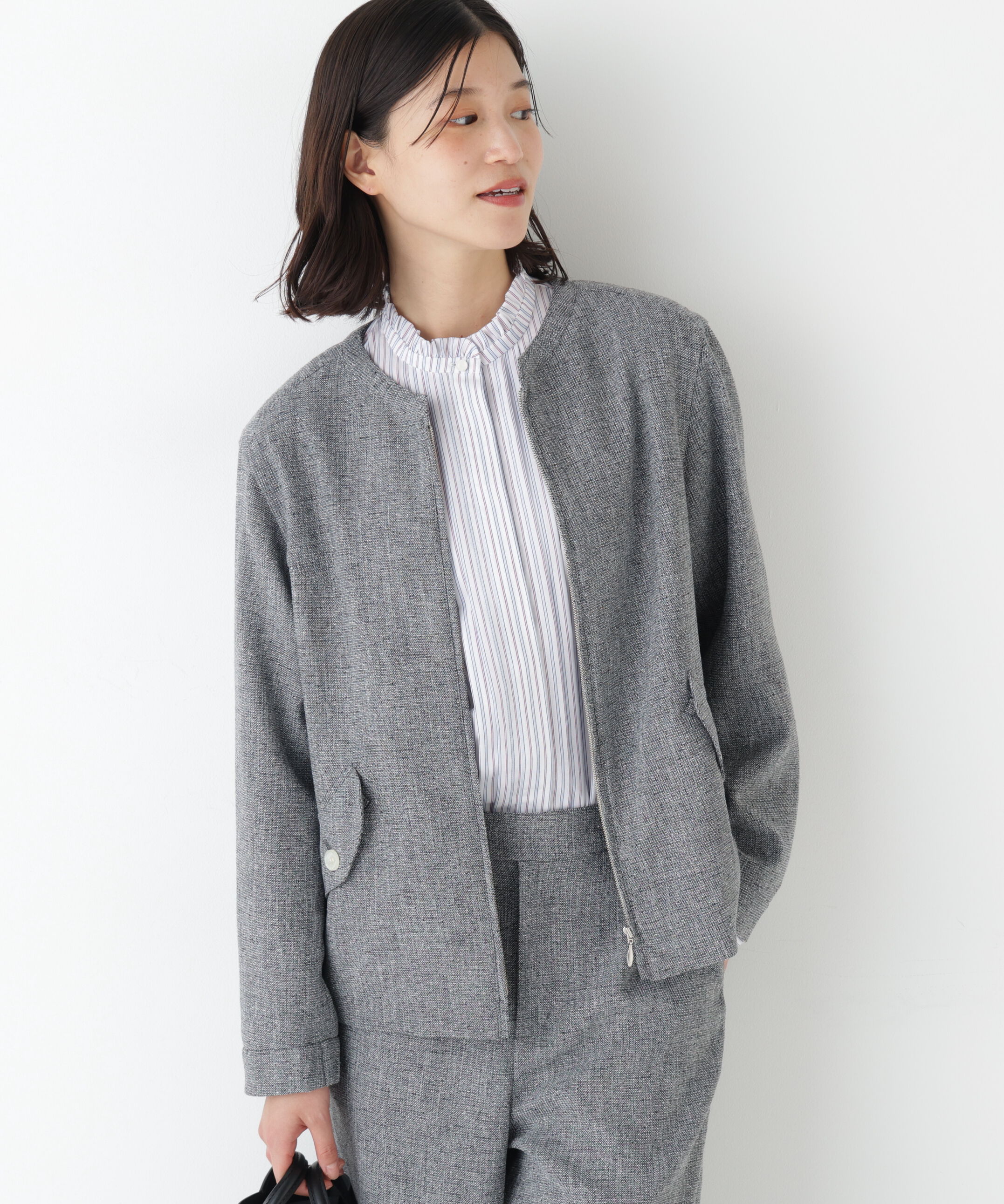  「◆《セットアップ可》リングツィードノーカラーブルゾン」|ブルゾン・スタジャン|グレー