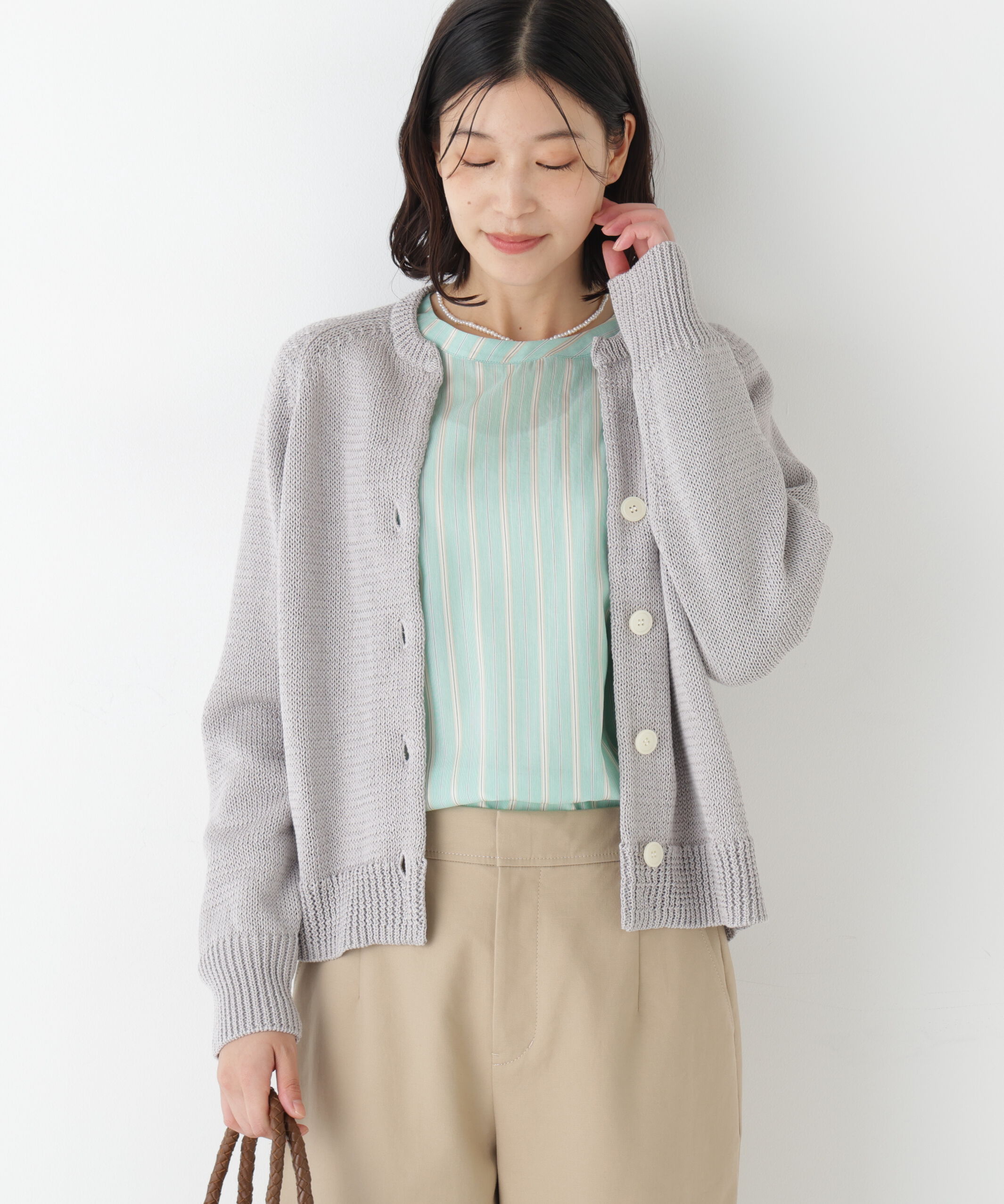  「◆《ウォッシャブル》ギマコットンキーネックカーディガン」|ニット・セーター|ライトグレー