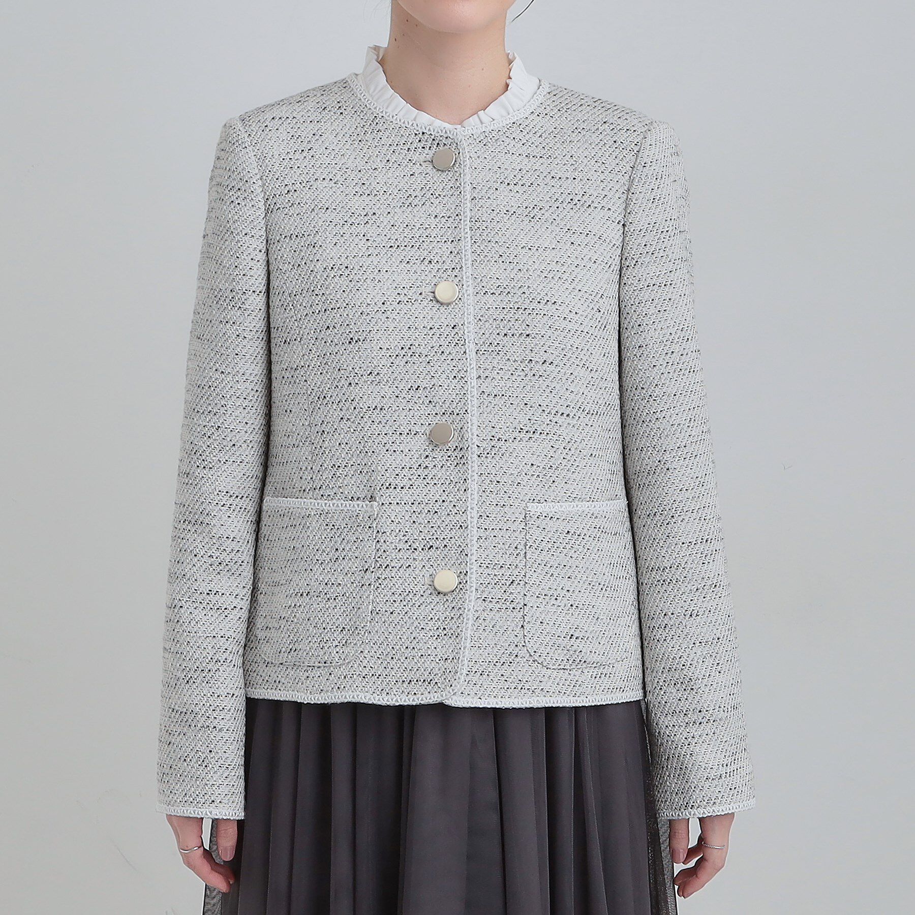SHOO･LA･RUE「【S-3L】オンとオフで印象が変わる ライトツイードジャケット」|ノーカラージャケット|