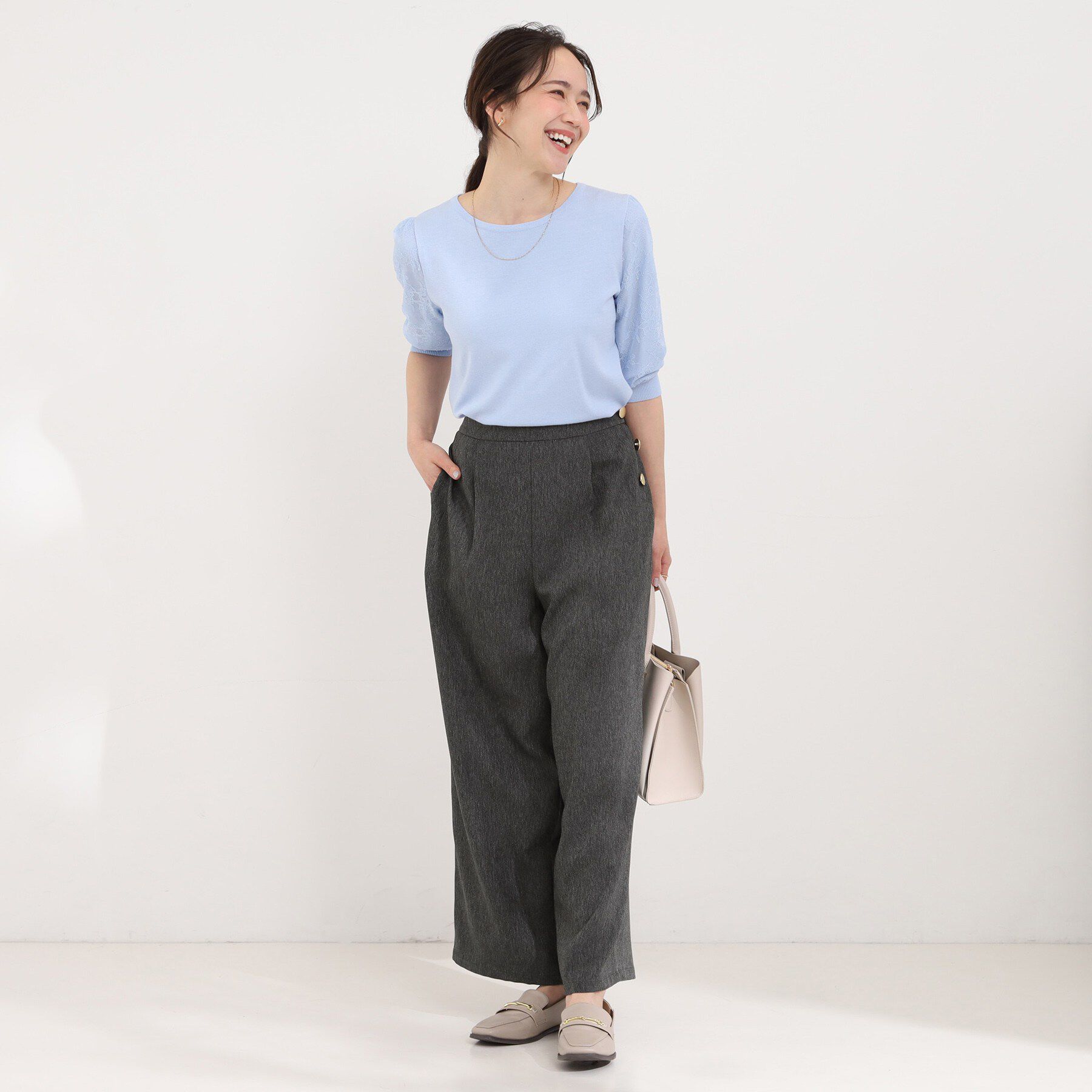 SHOO･LA･RUE「【S=LL】脚のラインを拾いにくい サイドボタン付きデニム風ワイドパンツ」|その他|