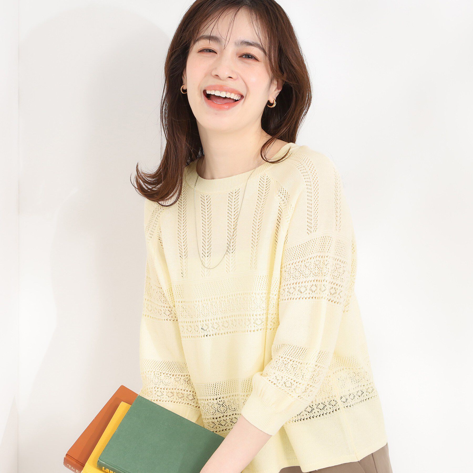 SHOO･LA･RUE「【洗濯機可/S-LL】軽やかきれい見え 透かし柄ニット」|ニット・セーター|アイボリー(004)