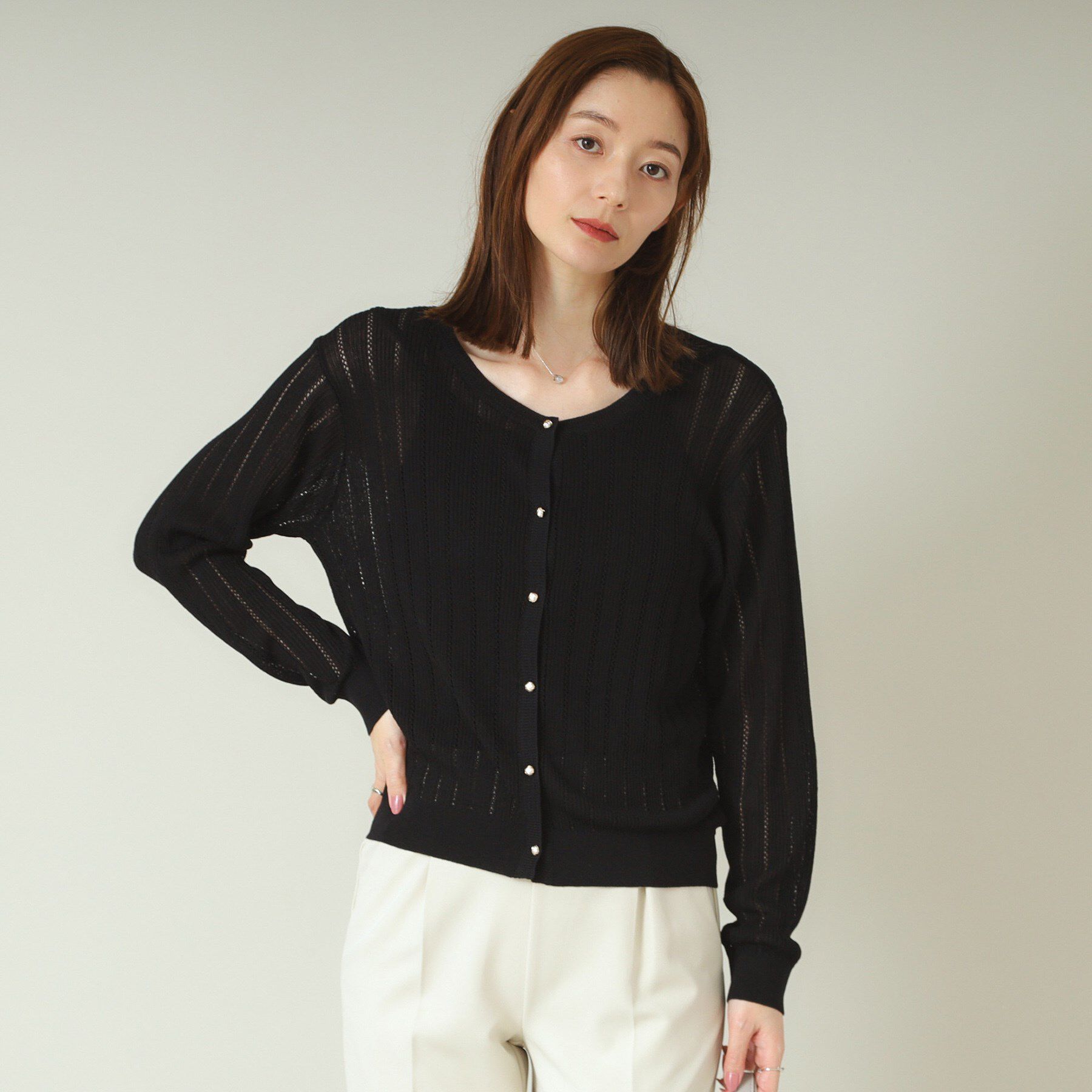 ITS&rsquo;DEMO「【手洗い可】透かし編みクルーカーデ」|カーディガン|ブラック(019)