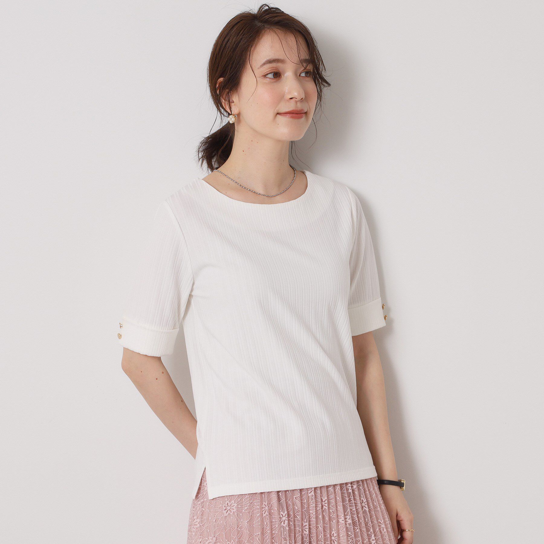 ITS&rsquo;DEMO「【手洗い可】ランダムテレコ袖釦プルオーバー」|Tシャツ・カットソー|オフホワイト(003