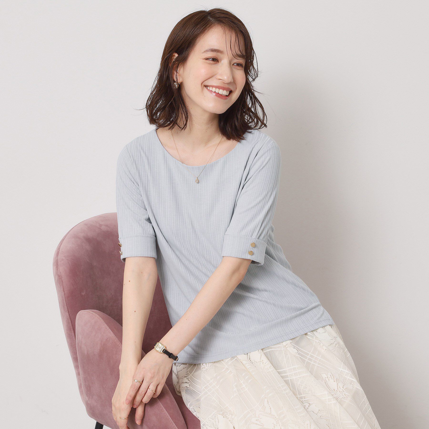 ITS&rsquo;DEMO「【手洗い可】ランダムテレコ袖釦プルオーバー」|Tシャツ・カットソー|サックスブルー(09