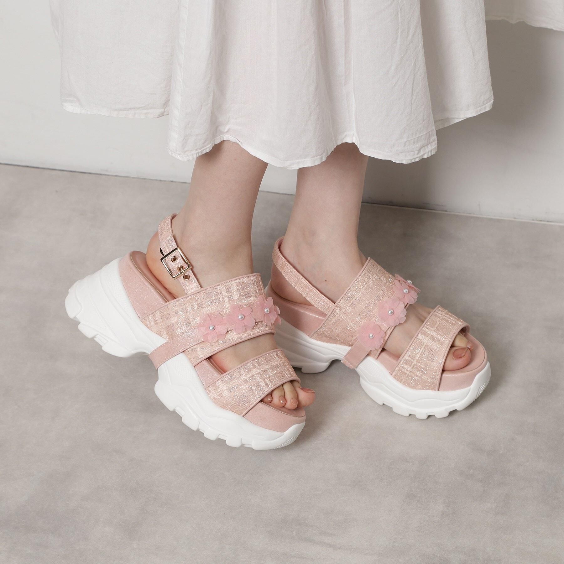 ESPERANZA「ツイード風フラワーベルトスポサン」|サンダル|ピンク(072)