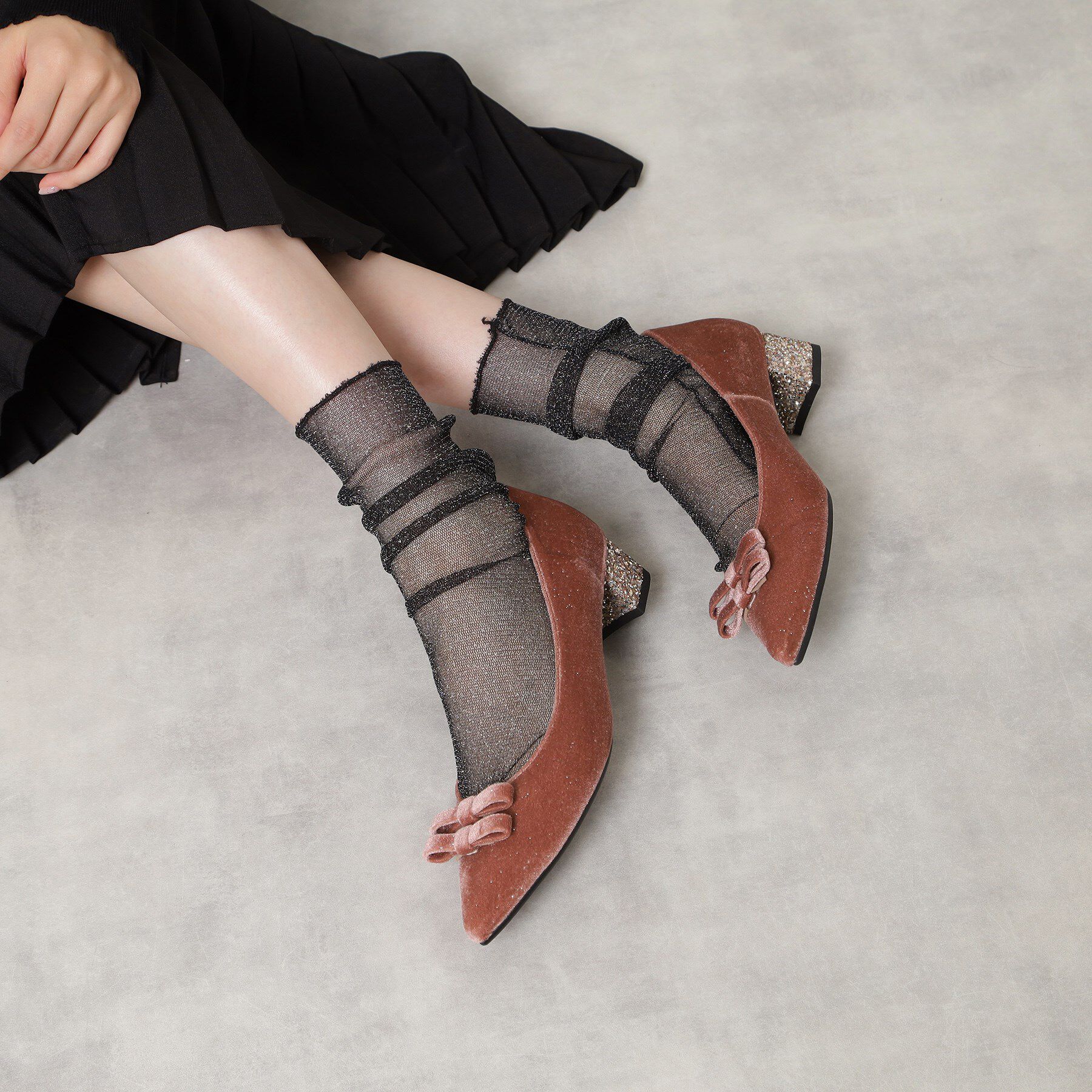 ESPERANZA「ラメベルベットダブルリボンパンプス」|パンプス|