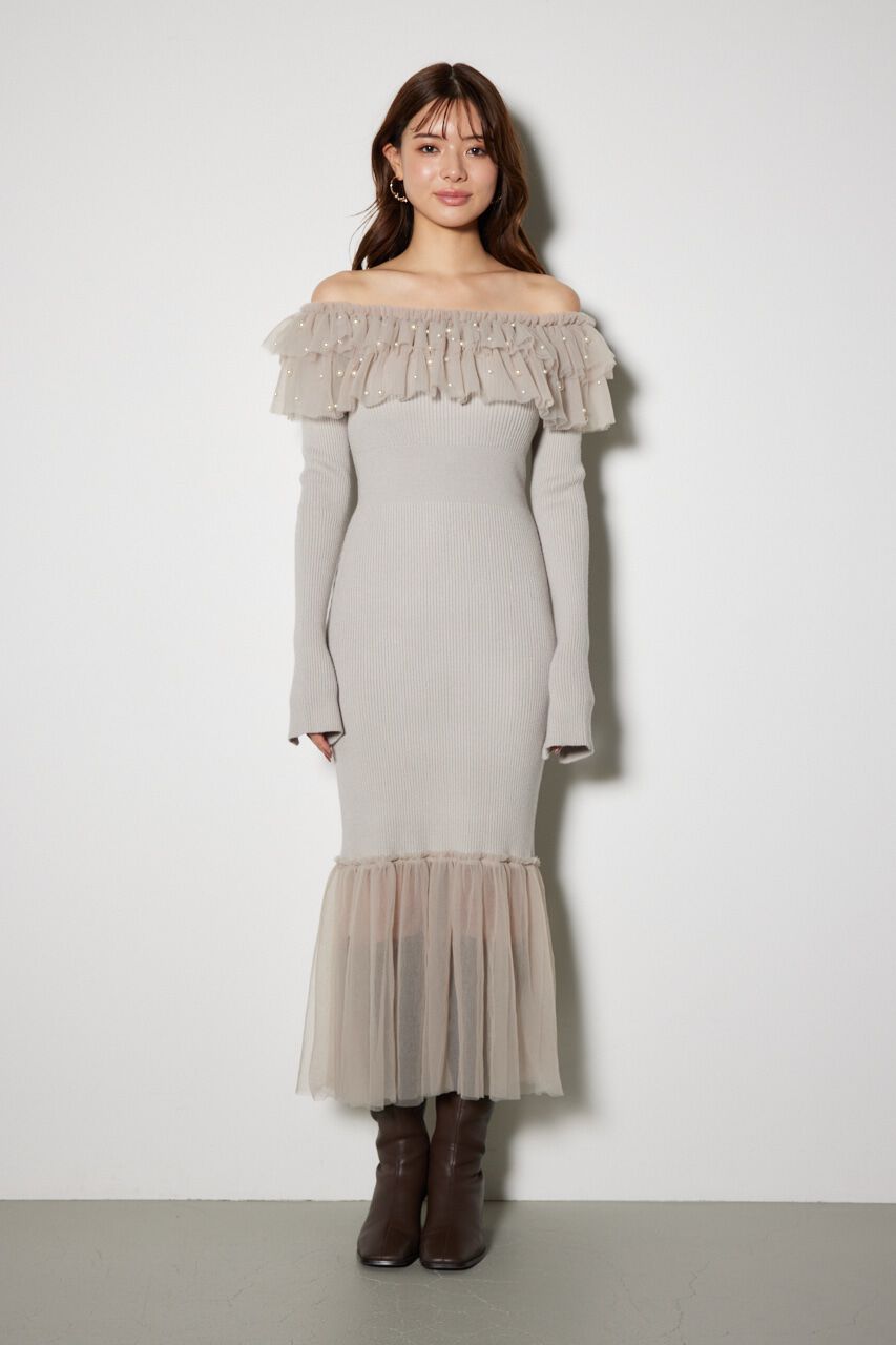 rienda「チュールコンビオフショルニットワンピース」|ワンピース|