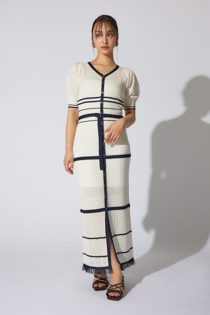 rienda「2WAYフリンジライン配色クロシェニットワンピース」|ワンピース|WHT