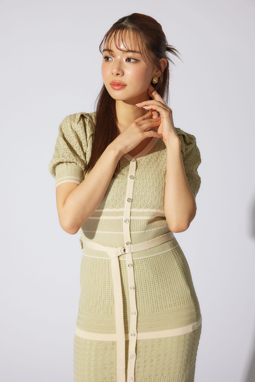 rienda「2WAYフリンジライン配色クロシェニットワンピース」|ワンピース|