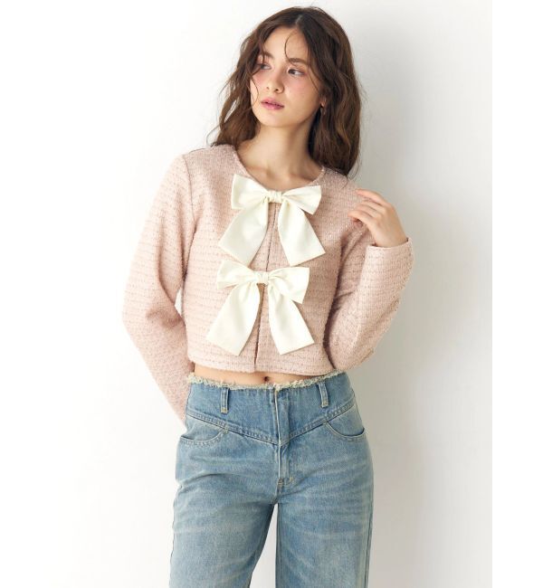 CALNAMUR「カットラメツイードリボンジャケット」|ノーカラージャケット|