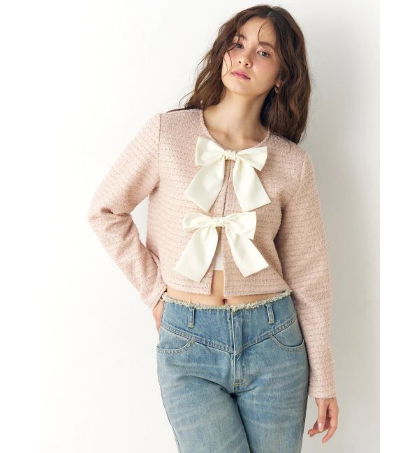 CALNAMUR「カットラメツイードリボンジャケット」|ノーカラージャケット|