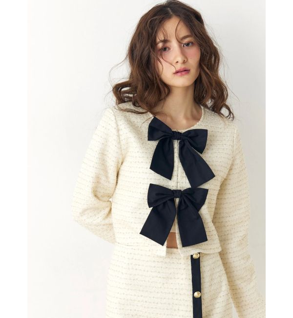 CALNAMUR「カットラメツイードリボンジャケット」|ノーカラージャケット|