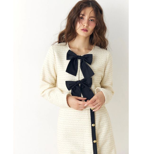 CALNAMUR「カットラメツイードリボンジャケット」|ノーカラージャケット|