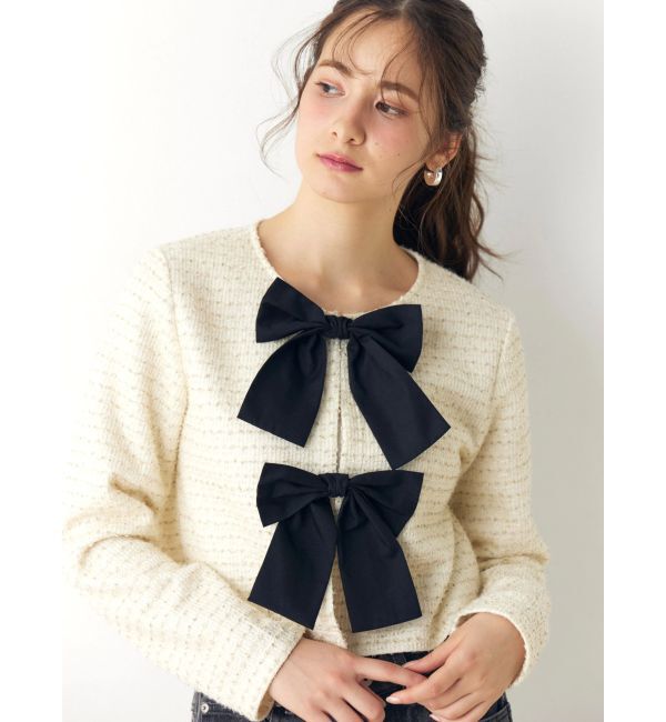 CALNAMUR「カットラメツイードリボンジャケット」|ノーカラージャケット|