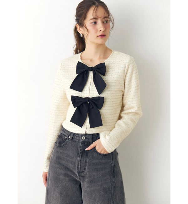 CALNAMUR「カットラメツイードリボンジャケット」|ノーカラージャケット|