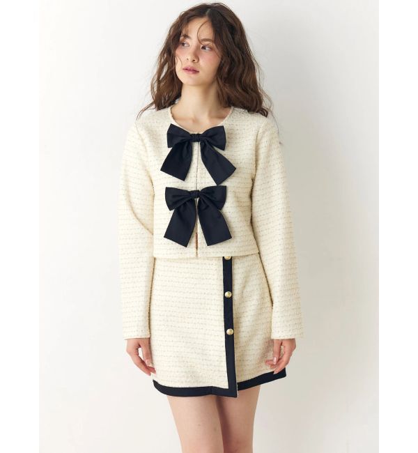 CALNAMUR「カットラメツイードリボンジャケット」|ノーカラージャケット|