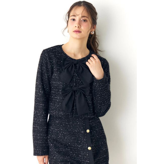 CALNAMUR「カットラメツイードリボンジャケット」|ノーカラージャケット|