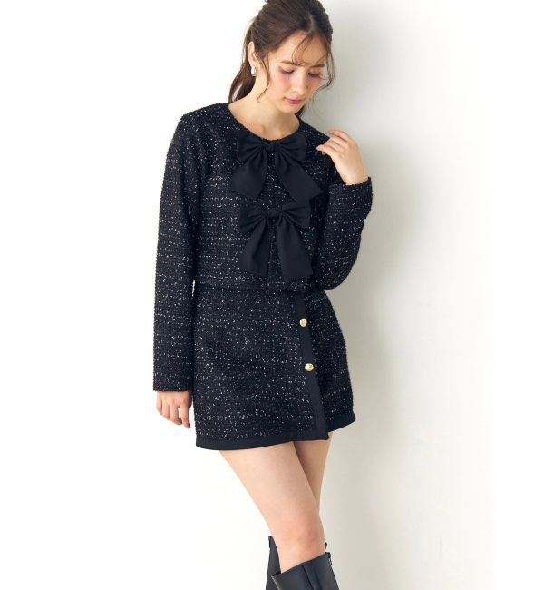 CALNAMUR「カットラメツイードリボンジャケット」|ノーカラージャケット|