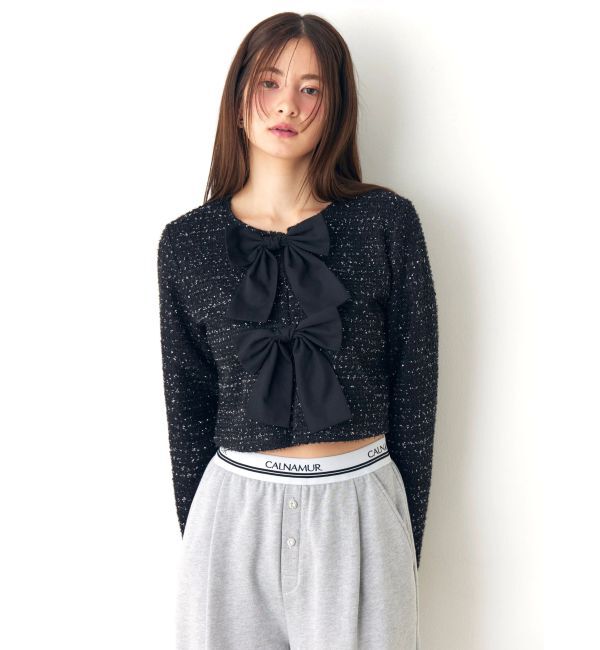 CALNAMUR「カットラメツイードリボンジャケット」|ノーカラージャケット|