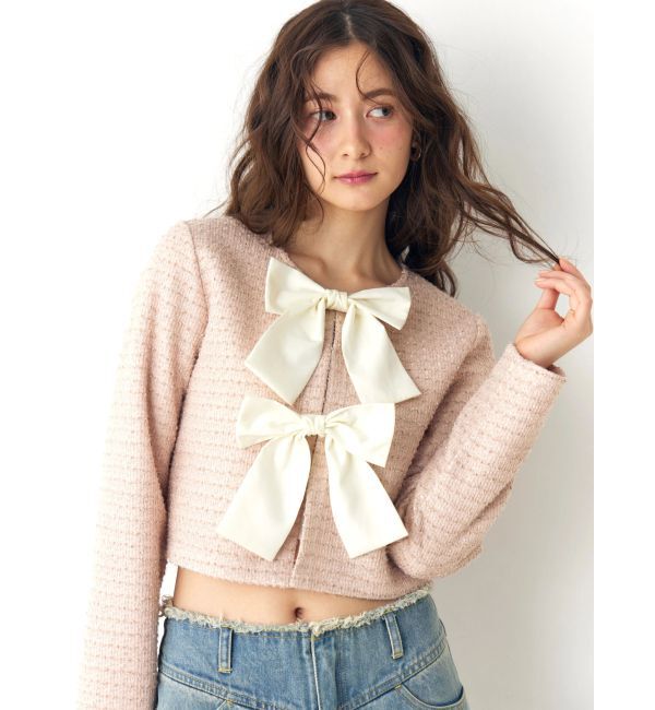 CALNAMUR「カットラメツイードリボンジャケット」|ノーカラージャケット|