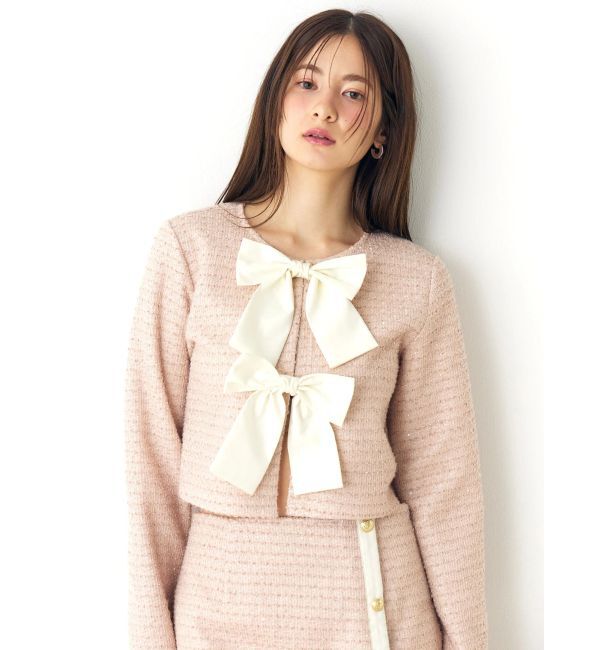 CALNAMUR「カットラメツイードリボンジャケット」|ノーカラージャケット|