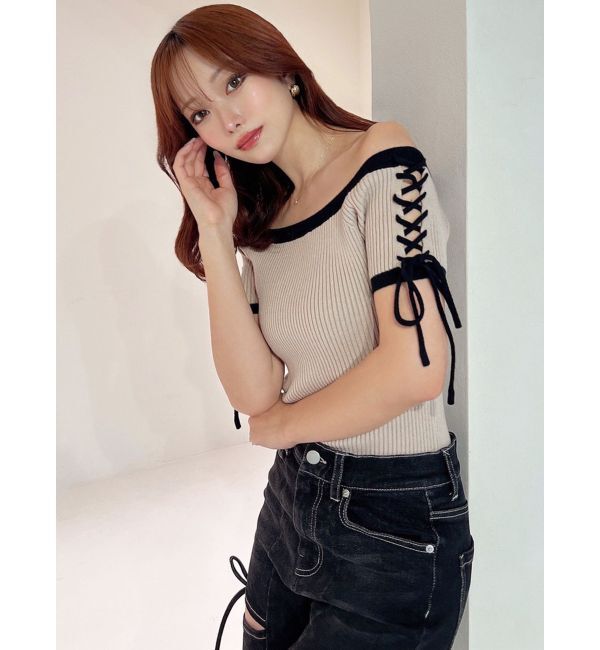 RESEXXY「スリーブレースアップバイカラーニットトップス」|ニット・セーター|