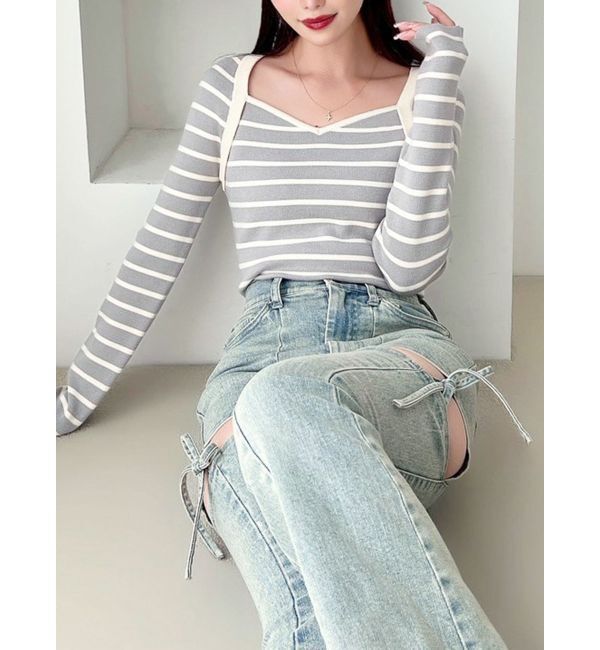 RESEXXY「ハートネックラグランニットトップス」|ニット・セーター|グレー