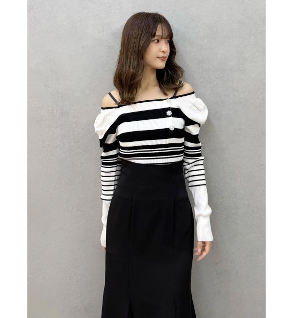 MERCURYDUO「サイドビジューボタンパフスリーブニット」|ニット・セーター|