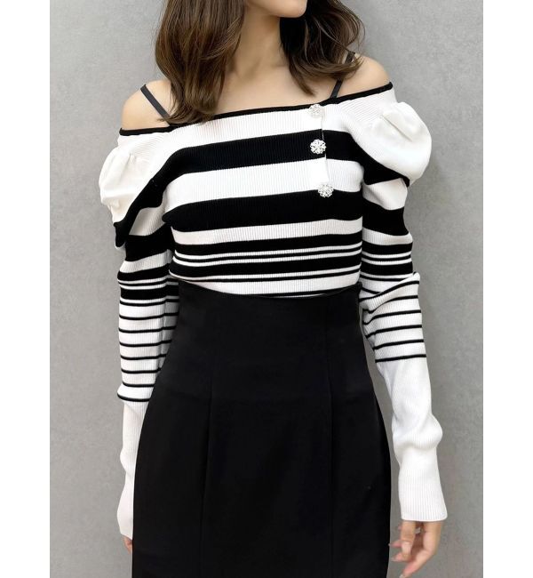 MERCURYDUO「サイドビジューボタンパフスリーブニット」|ニット・セーター|ミックス