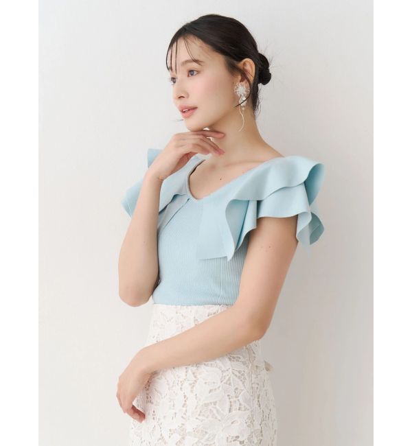 MERCURYDUO「ダブルラッフルコンパクトニット」|ニット・セーター|ミントグリーン