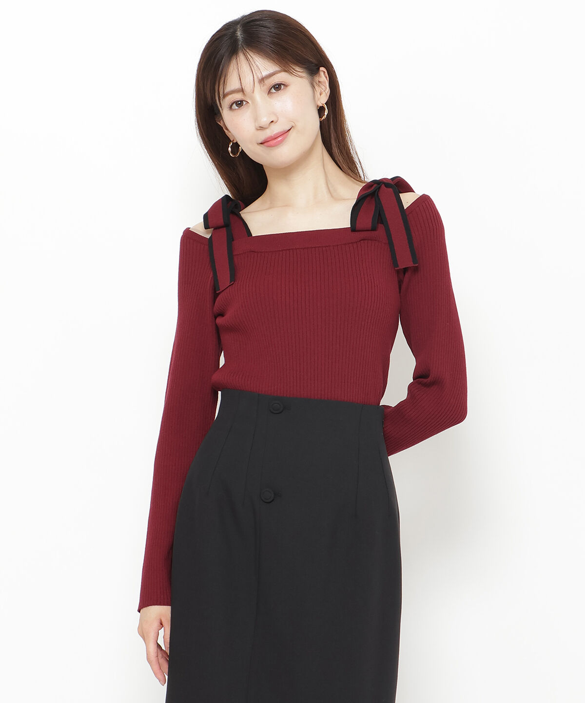 アンドクチュール「配色ショルダーリボンニットプルオーバー」|ニット・セーター|