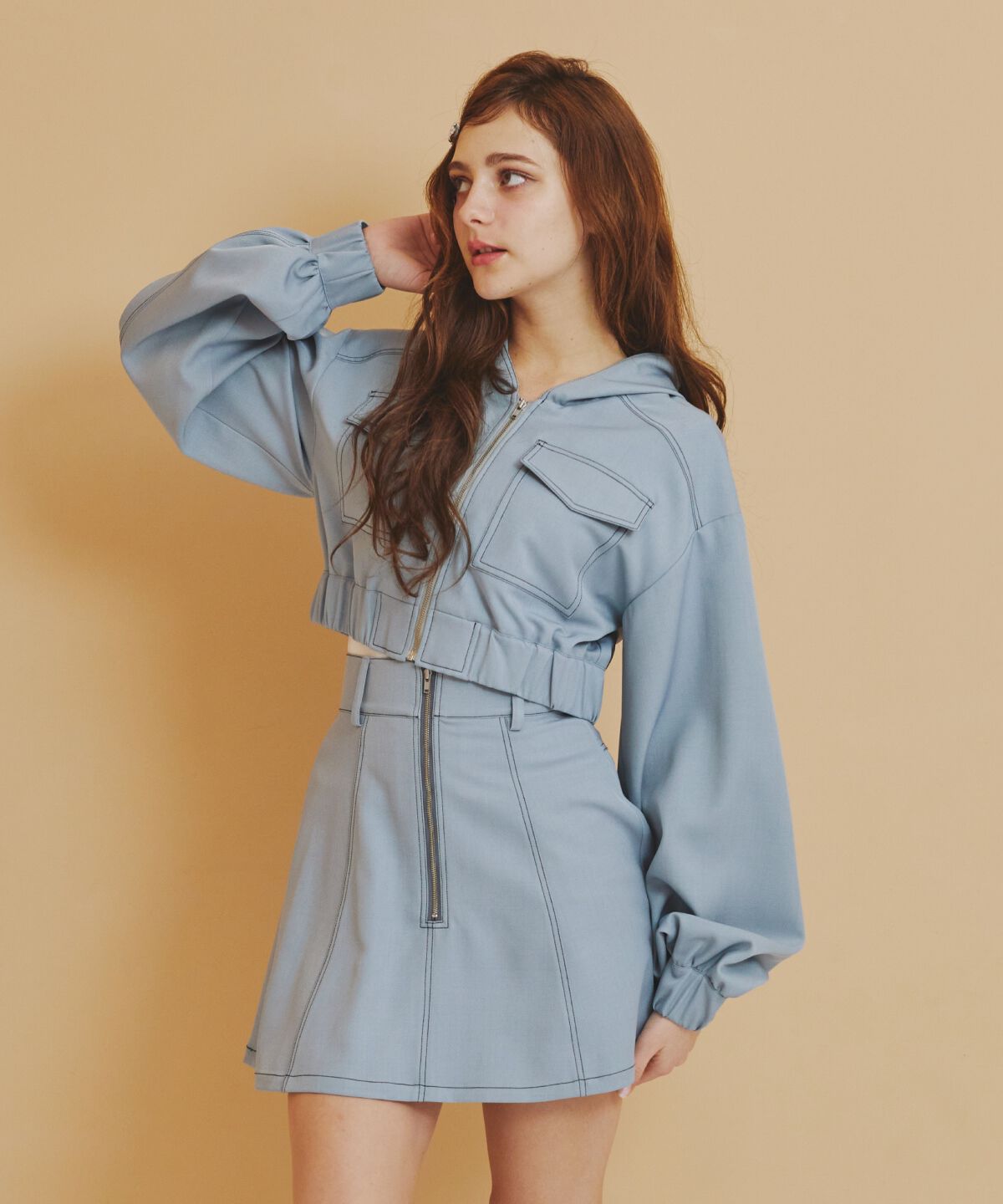 REDYAZEL「バイカラーステッチフレアミニスカート」|フレア|ブルー