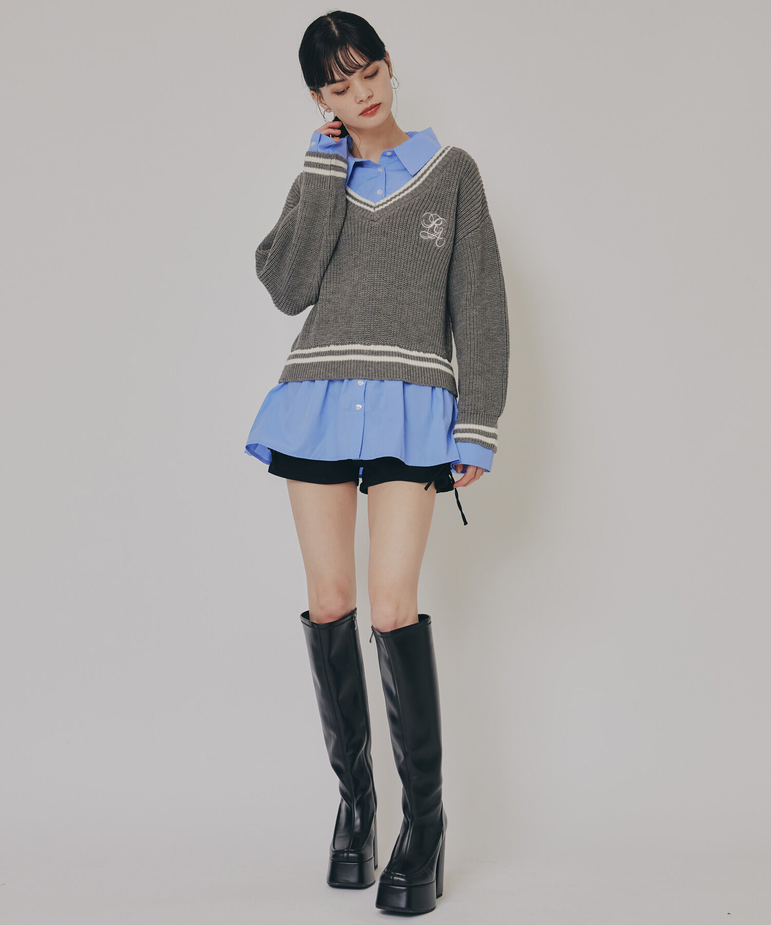 REDYAZEL「レイヤードシャツドッキングニットプルオーバー」|ニット・セーター|