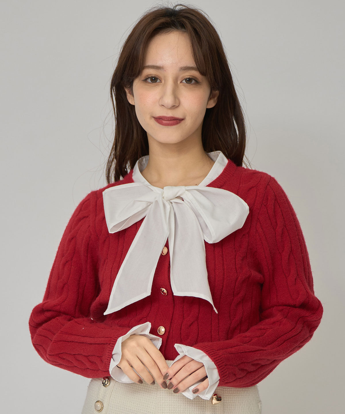 REDYAZEL「ボウタイケーブルニットプルオーバー」|ニット・セーター|レッド