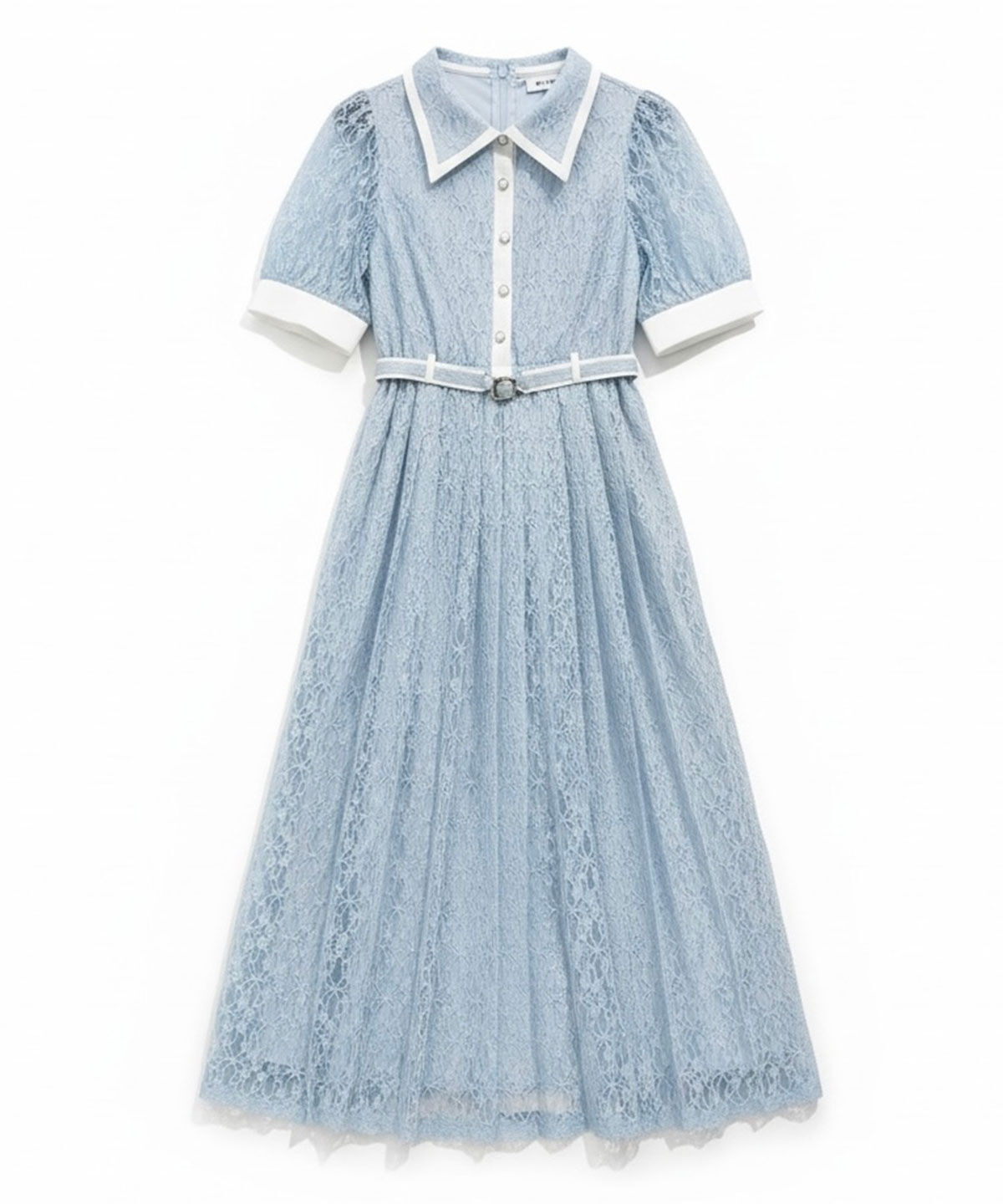 REDYAZEL「レースバイカラープリーツロングワンピース」|ワンピース|サックス