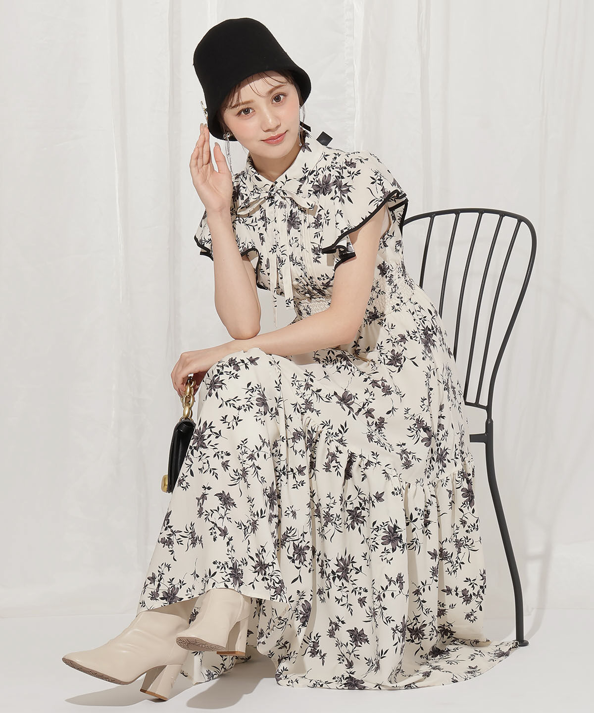 WILLSELECTION「モノトーンフラワーティアードワンピース」|ワンピース|