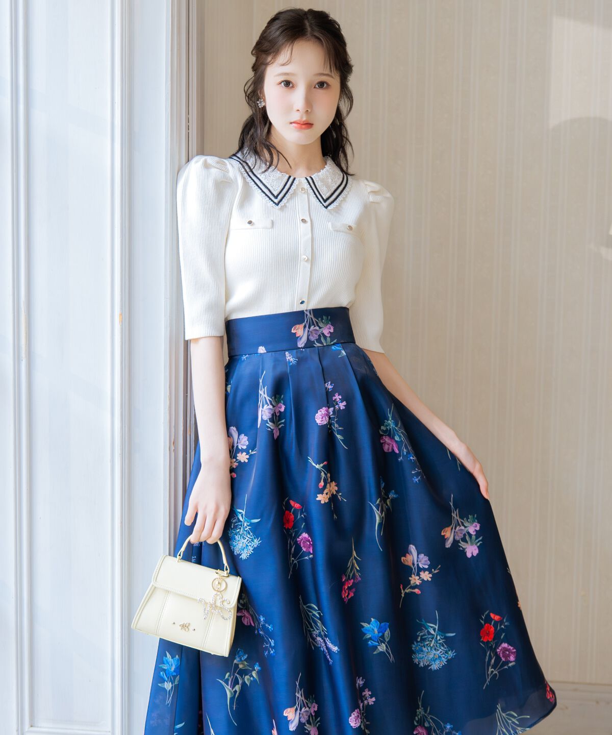 WILLSELECTION「ボタニカルフラワーシアータックスカート」|フレア|紺系花柄