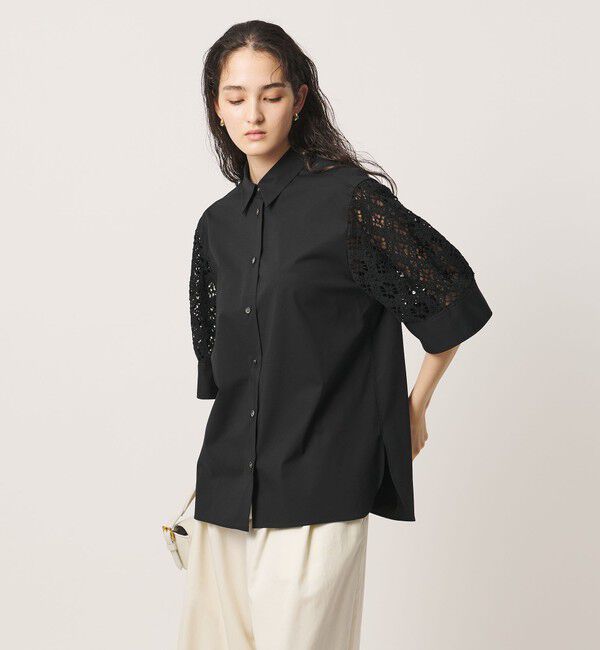 UNITED ARROWS「ラッセルレース コンビ シャツ ‐ウォッシャブル‐」|シャツ・ブラウス|BLACK