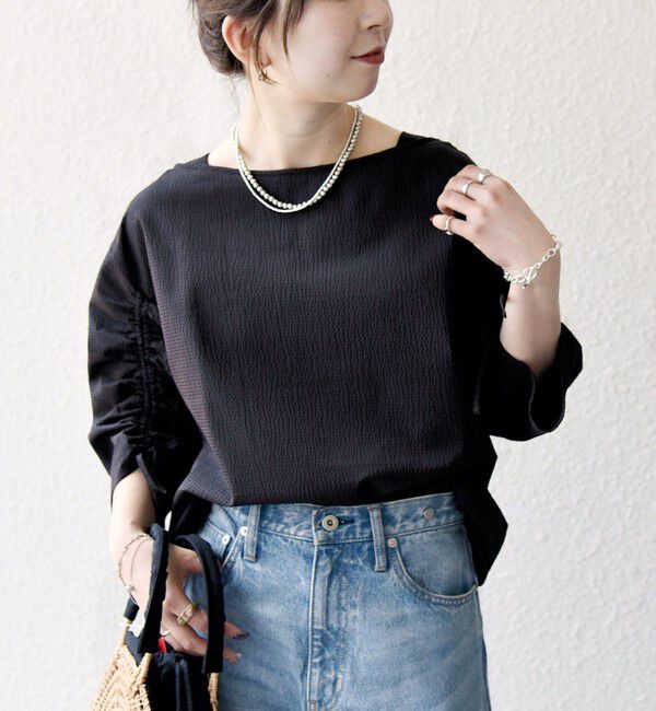 SHIPS any「SHIPS any:〈洗濯機可能〉ミニサッカー ドロスト リボン ボートネック ブラウス」|シャツ・ブラウス|ブラウン