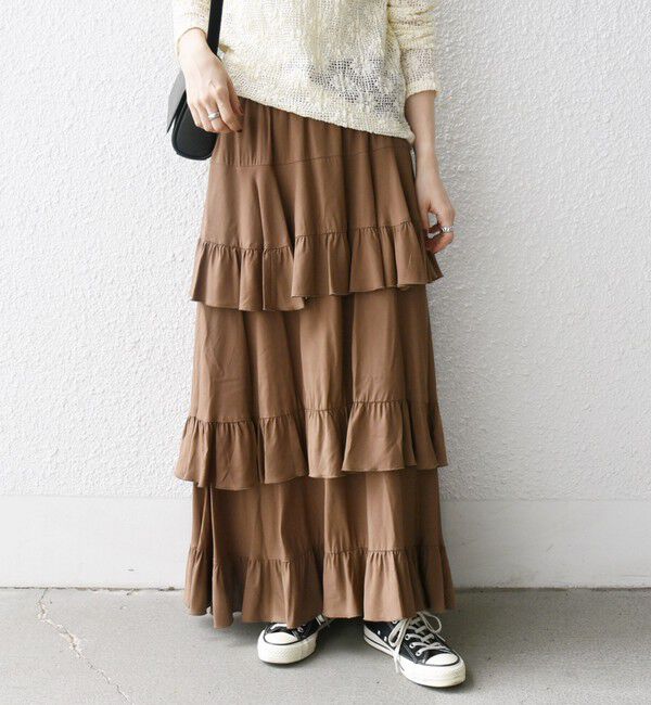 SHIPS any「SHIPS any:〈洗濯機可能〉ティアード ラッフル マキシ スカート」|スカート|ブラウン