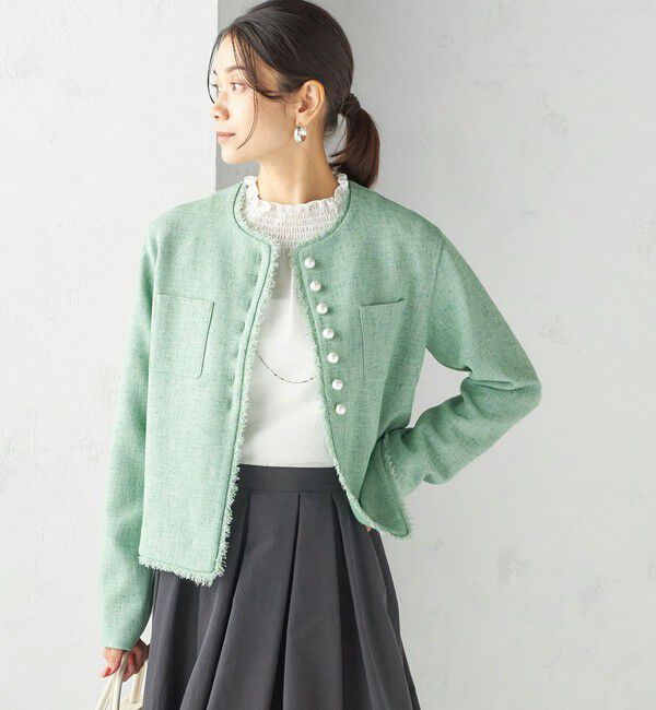 SHIPS for women「〈手洗い可能〉ストレッチ ツイード パール ボタン ジャケット」|ノーカラージャケット|