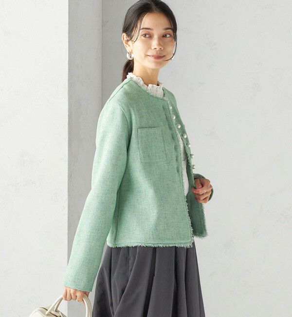 SHIPS for women「〈手洗い可能〉ストレッチ ツイード パール ボタン ジャケット」|ノーカラージャケット|
