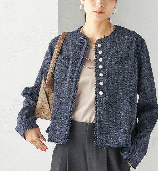 SHIPS for women「〈手洗い可能〉ストレッチ ツイード パール ボタン ジャケット」|ノーカラージャケット|ネイビー