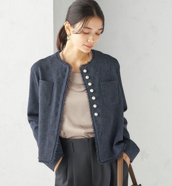 SHIPS for women「〈手洗い可能〉ストレッチ ツイード パール ボタン ジャケット」|ノーカラージャケット|