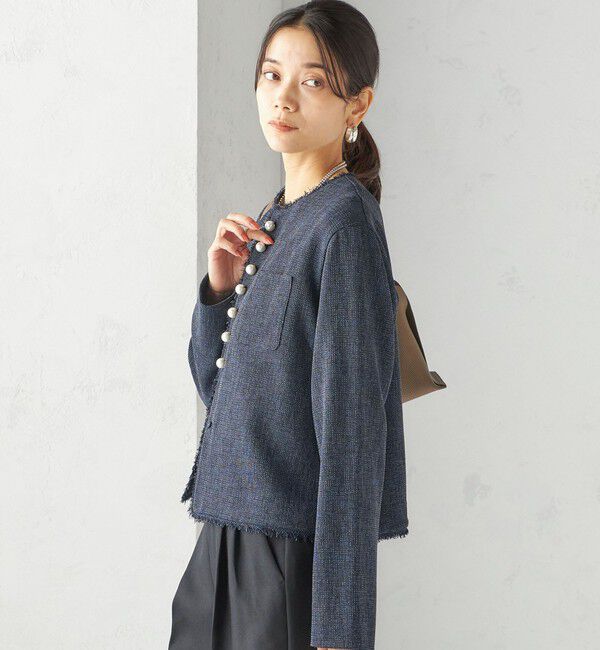 SHIPS for women「〈手洗い可能〉ストレッチ ツイード パール ボタン ジャケット」|ノーカラージャケット|