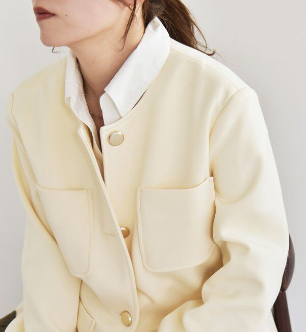 quaranciel「quaranciel:〈手洗い可能〉ジャージー ゴールドボタン クルーネック ジャケット」|ノーカラージャケット|