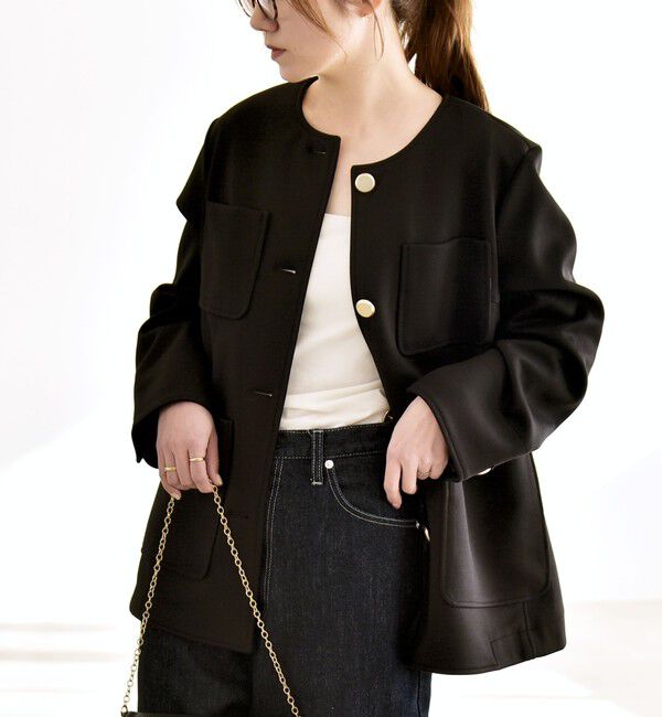 quaranciel「quaranciel:〈手洗い可能〉ジャージー ゴールドボタン クルーネック ジャケット」|ノーカラージャケット|ブラック