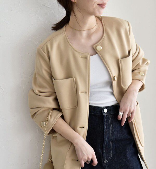 quaranciel「quaranciel:〈手洗い可能〉ジャージー ゴールドボタン クルーネック ジャケット」|ノーカラージャケット|ベージュ